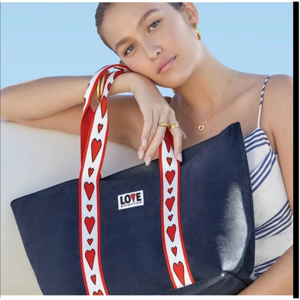 Brighton Love Tote Bag Large Navy Blue Excellent Heart Print Straps Suede-Feel‎